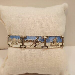Vintage Norwegian Sterling Silver (925) & Blue/White Enamel Panel Bracelet